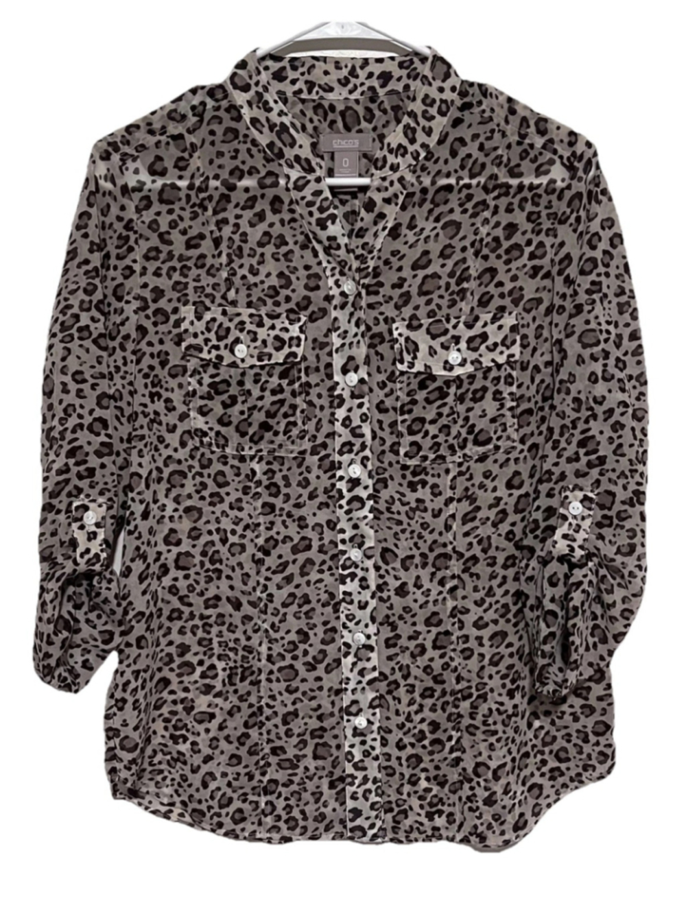 Chicos Leopard Semi Sheer Shirt Women’s Small 0 Brown Button Up Roll Tab Blouse